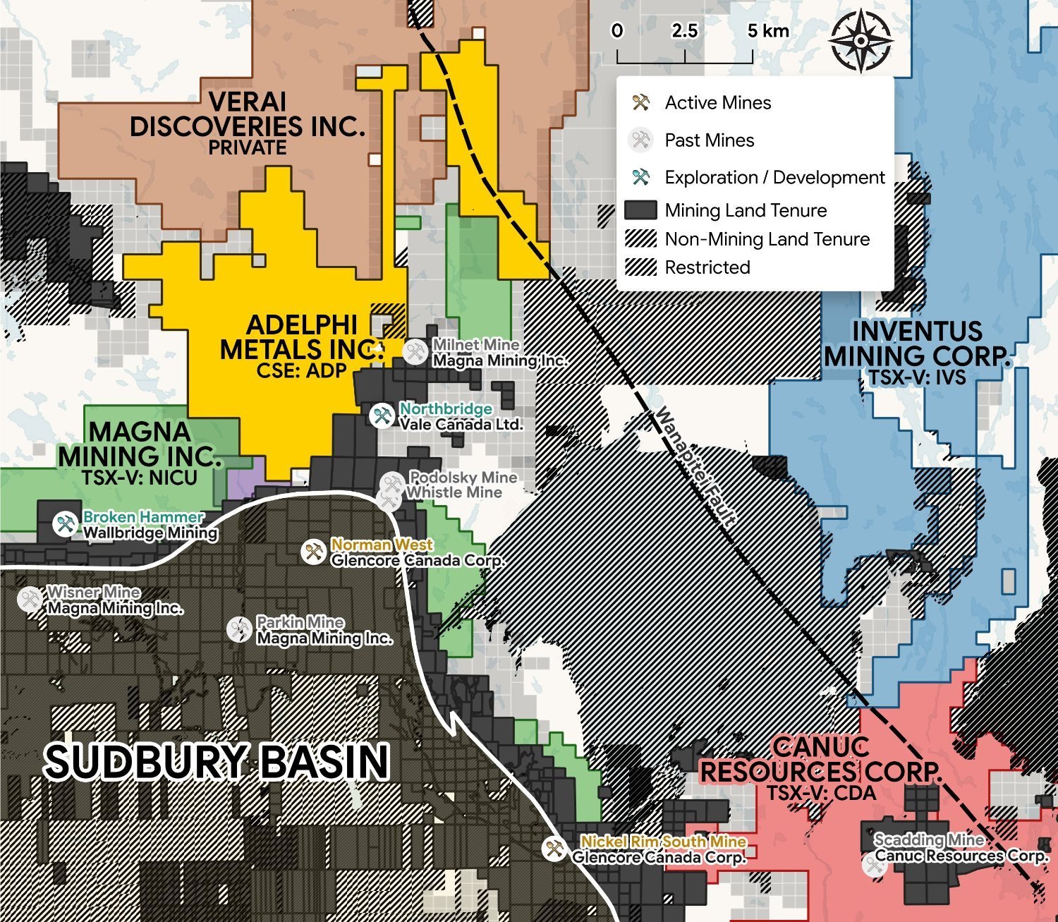 Brady Sudbury Project and surrounding mines within the Sudbury Basin